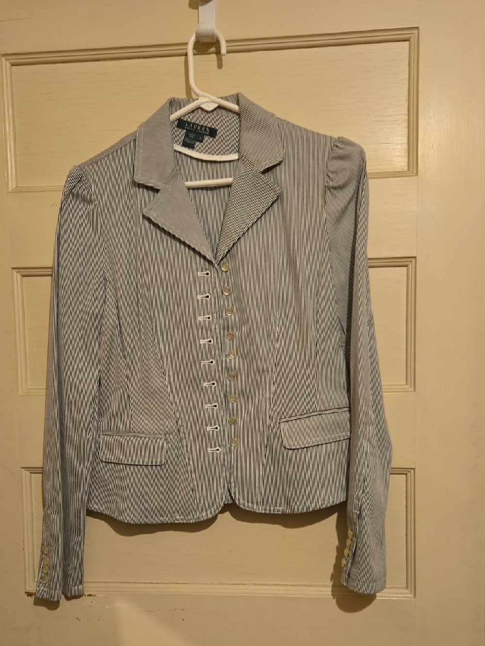 Lauren By Ralph Lauren Blue and White Seersucker Style Blazer - Small
